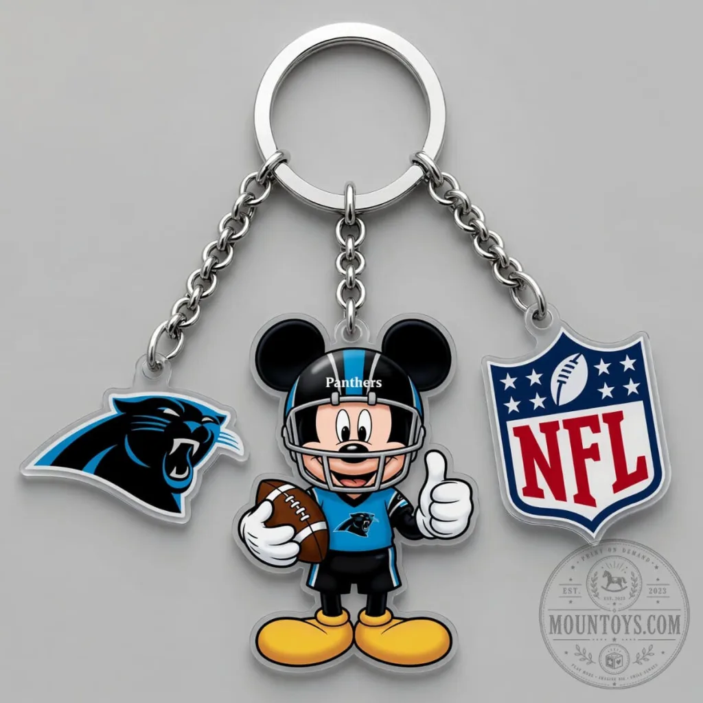 Carolina Panthers Mickey Mouse Football Player Triple Charm Keychain Carolina Panthers Mickey Mouse Football Player Triple Charm Keychain