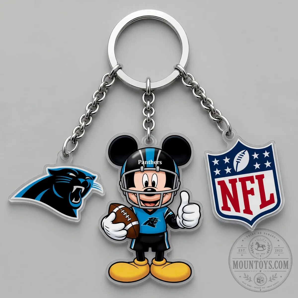 Carolina Panthers Mickey Mouse Football Player Triple Charm Keychain