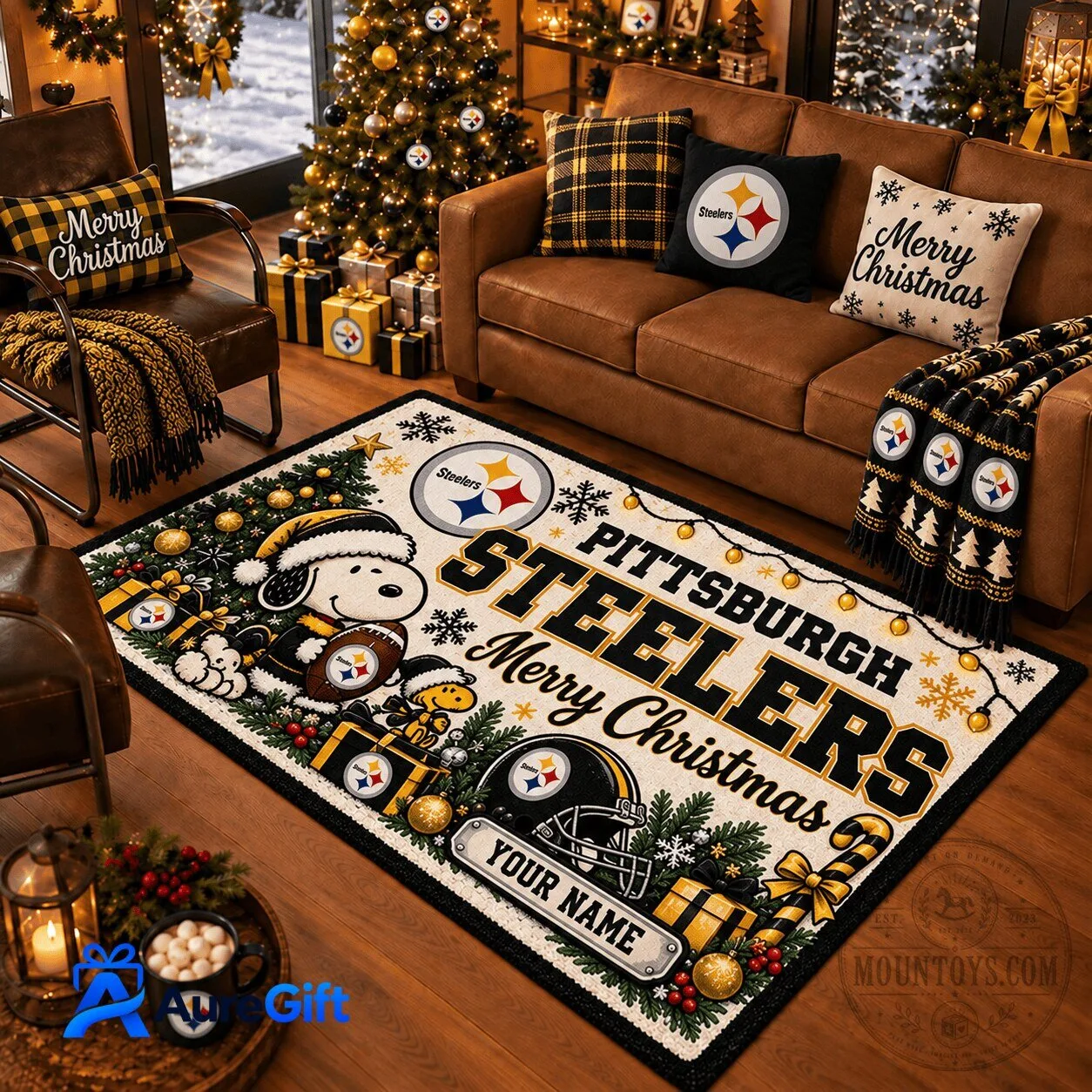 Pittsburgh Steelers Snoopy Christmas Kickoff Personalized Merry Christmas Rug