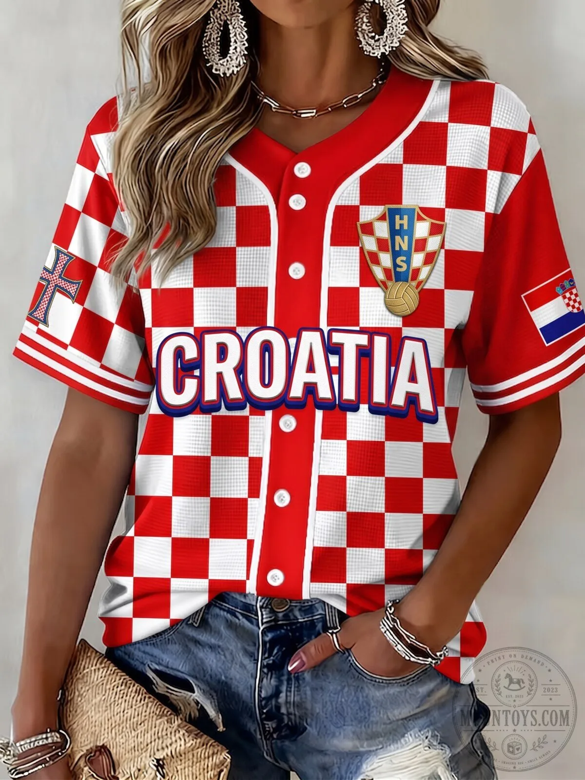 Croatia Football Fan Style Checkered Baseball Jersey