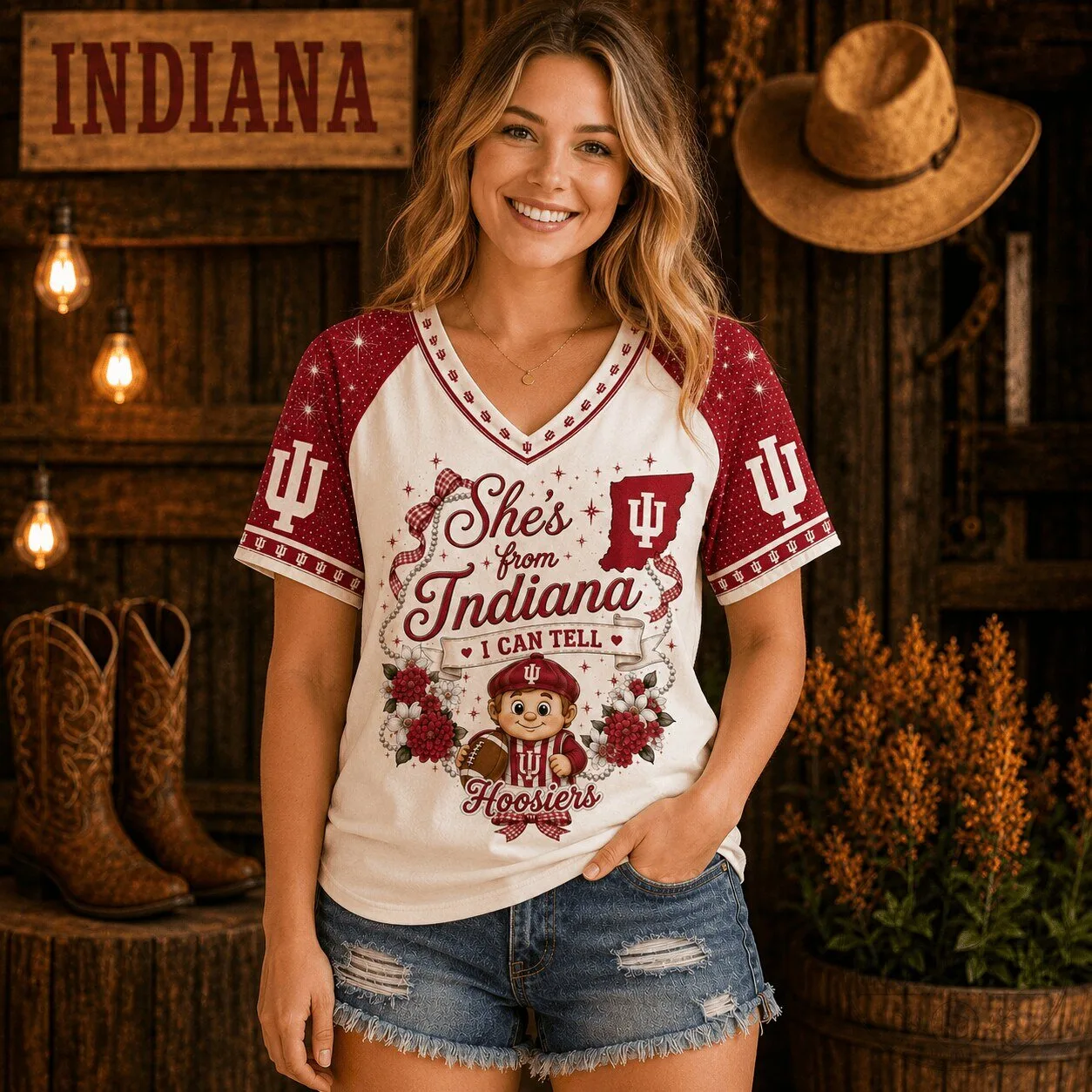 Indiana Hoosiers Baseball Team Spirit V-Neck T-Shirt for Women 1 Indiana Hoosiers Baseball Team Spirit V-Neck T-Shirt for Women
