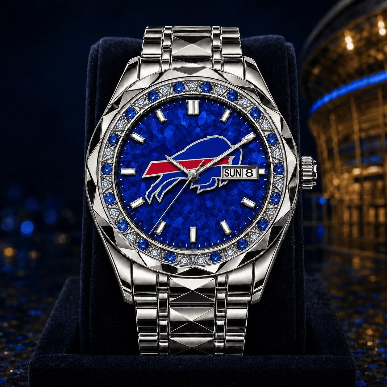 Buffalo Bills NFL Football Team Blue Gemstone Stainless Steel Watch