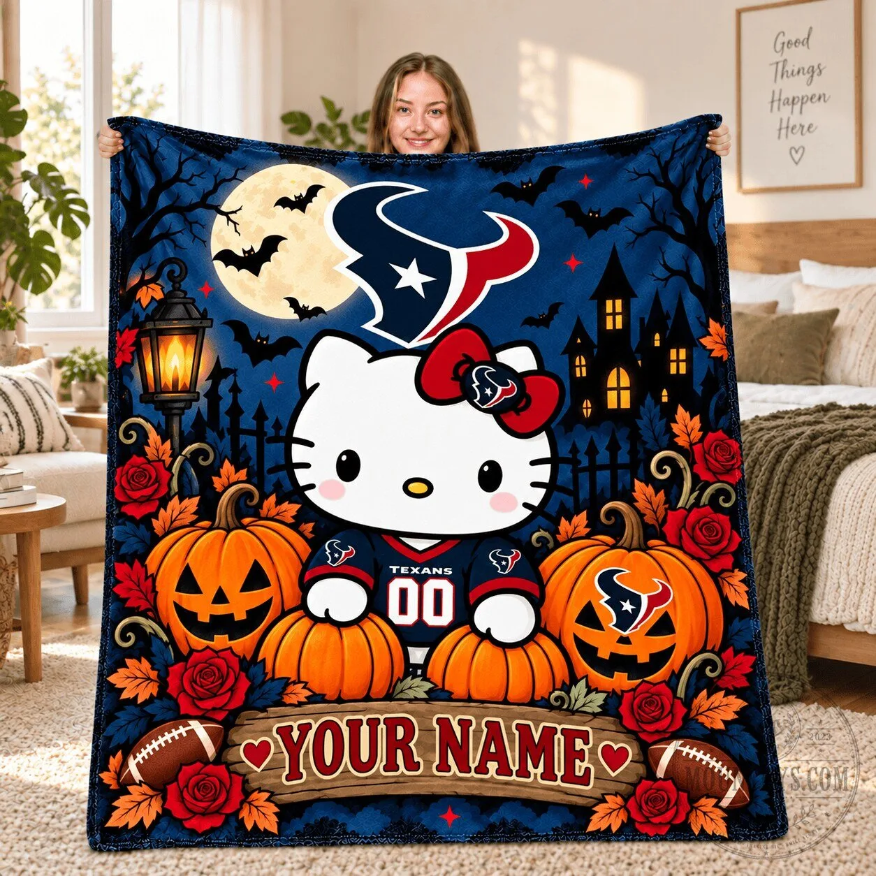 Hello Kitty Houston Texans Halloween Moonlit Night Personalized Blanket