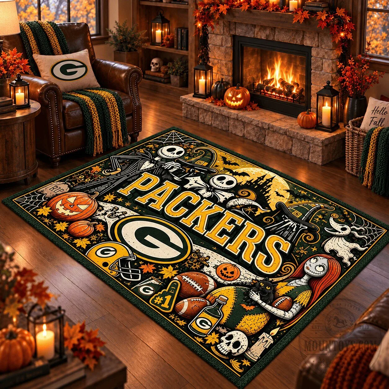 Green Bay Packers Halloween Nightmare Before Christmas Jack Skellington Rug
