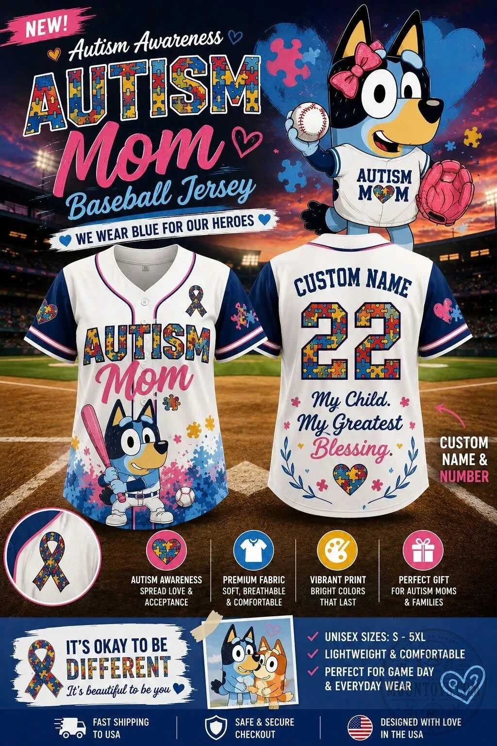 Bluey Autism Awareness Mom Baseball Jersey Custom Name and Number