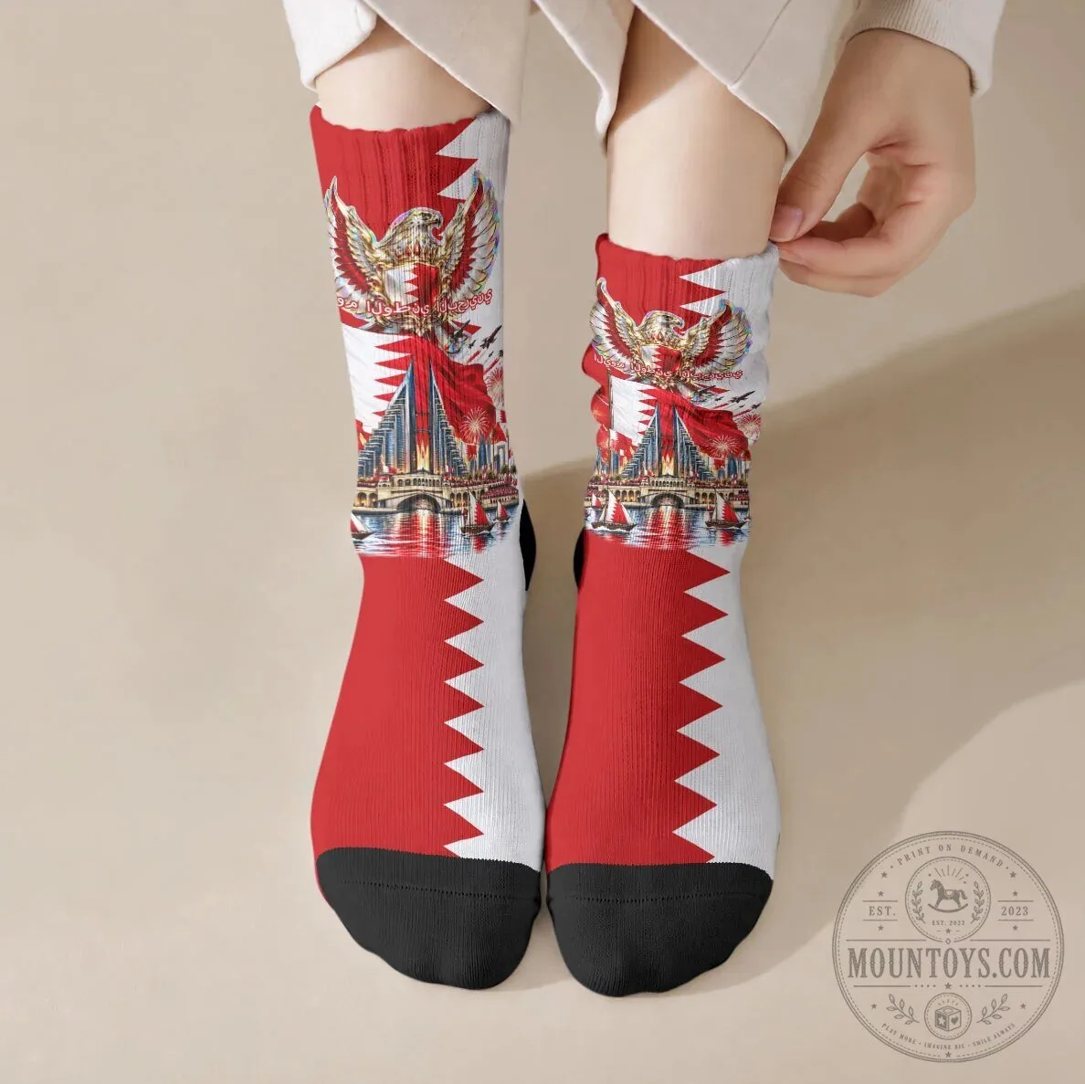 Bahrain National Day Cultural Emblem Flag Horse Knight Crew Socks