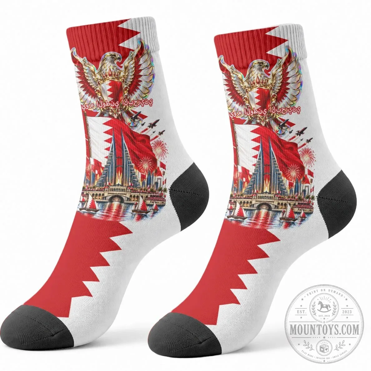 Bahrain National Day Cultural Emblem Flag Horse Knight Crew Socks 10 Bahrain National Day Cultural Emblem Flag Horse Knight Crew Socks