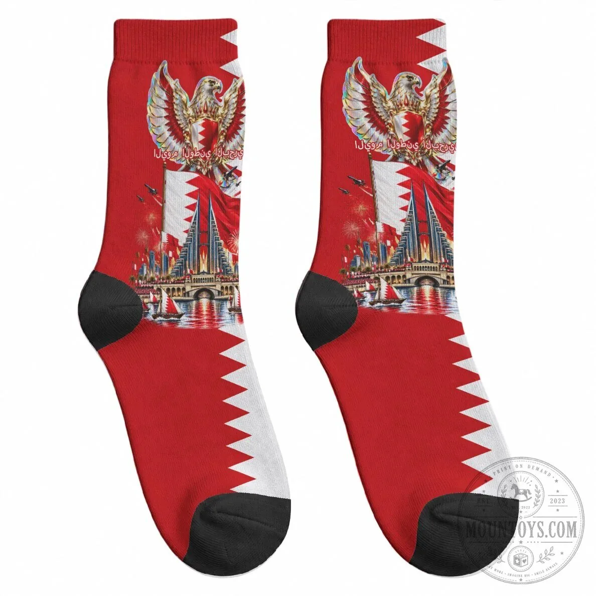 Bahrain National Day Cultural Emblem Flag Horse Knight Crew Socks 11 Bahrain National Day Cultural Emblem Flag Horse Knight Crew Socks