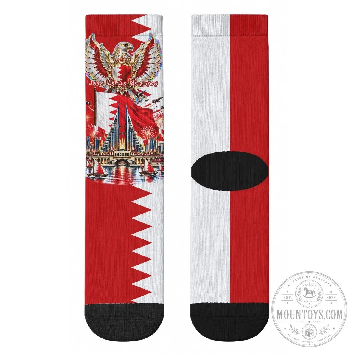 Bahrain National Day Cultural Emblem Flag Horse Knight Crew Socks 13 Bahrain National Day Cultural Emblem Flag Horse Knight Crew Socks
