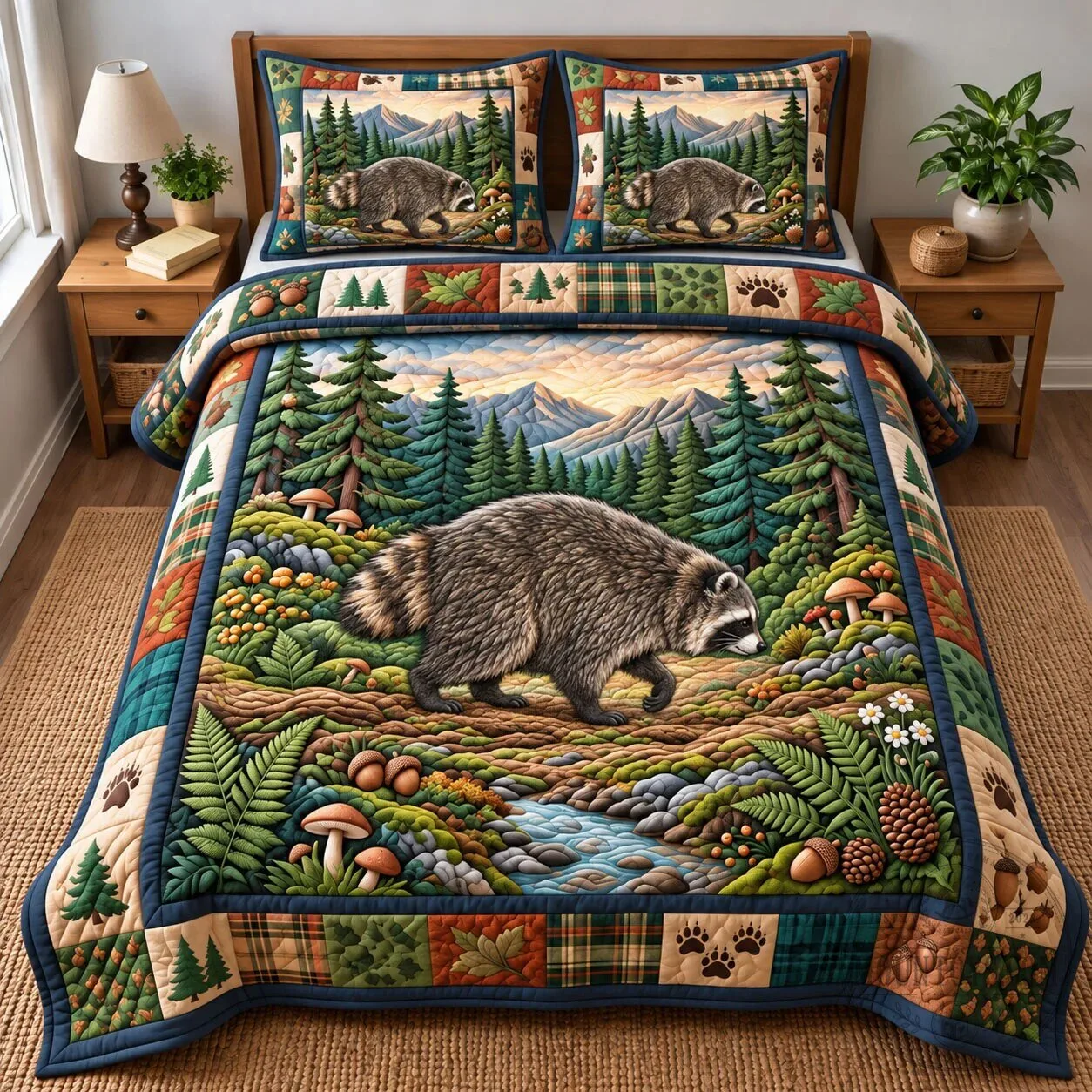 Cute Raccoon Forest Landscape Quilted Bedding Set with Pillow Shams