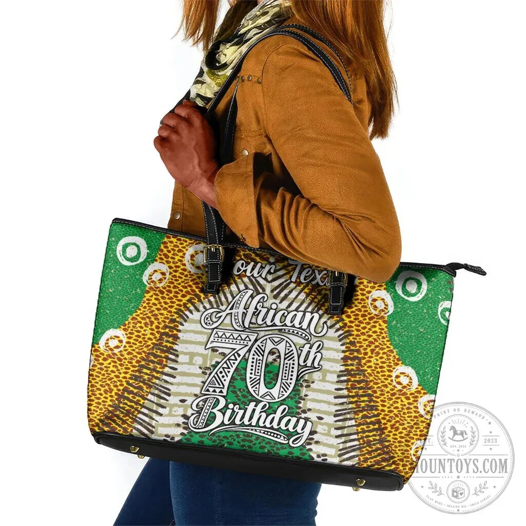Personalized African 70th Birthday Tribal Animal Print Heritage Pattern Leather Tote Bag