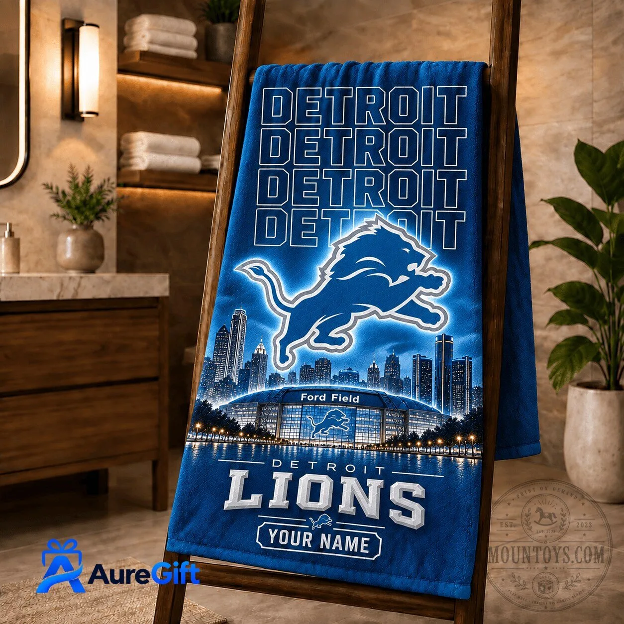 Detroit Lions NFL Football Team Personalized Bath Towel with Ford Field Stadium