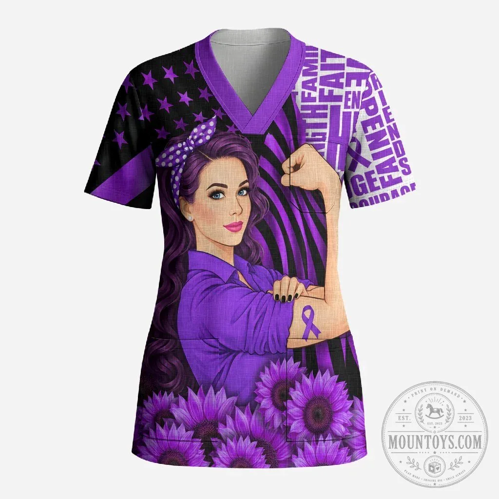 Domestic Violence Awareness Strong Woman Purple Ribbon Sunflower V-Neck Scrub Top 2 Domestic Violence Awareness Strong Woman Purple Ribbon Sunflower V-Neck Scrub Top