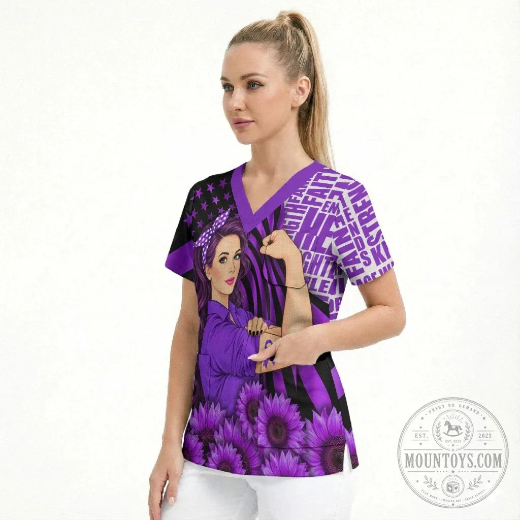 Domestic Violence Awareness Strong Woman Purple Ribbon Sunflower V-Neck Scrub Top 10 Domestic Violence Awareness Strong Woman Purple Ribbon Sunflower V-Neck Scrub Top