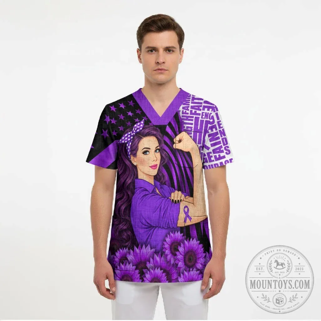 Domestic Violence Awareness Strong Woman Purple Ribbon Sunflower V-Neck Scrub Top 11 Domestic Violence Awareness Strong Woman Purple Ribbon Sunflower V-Neck Scrub Top