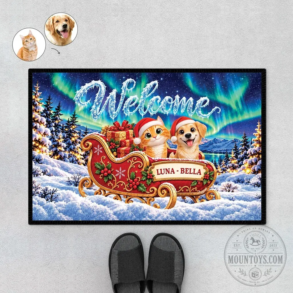 Personalized Christmas Pet Photo Welcome Doormat with Northern Lights