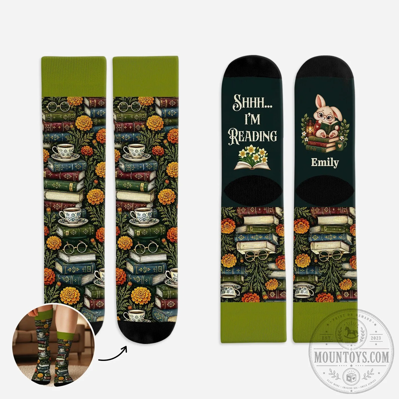 Personalized Shhh I'm Reading Rabbit Book Lover Socks