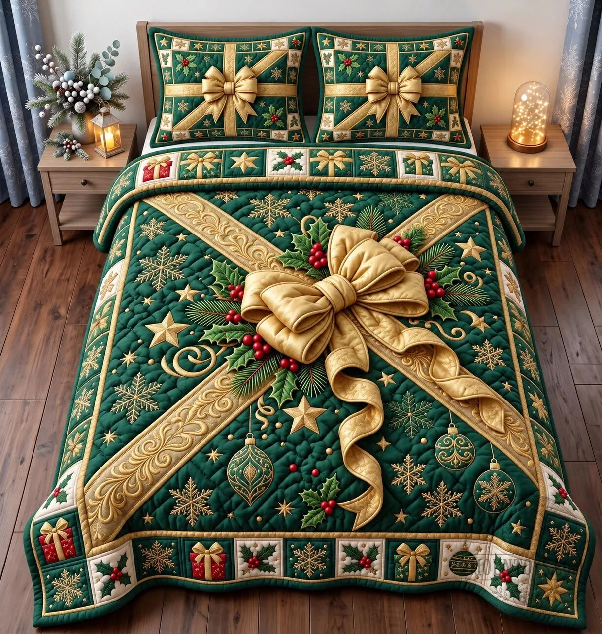 Christmas Holiday Green Gold Gift Bow Quilted Bedding Set