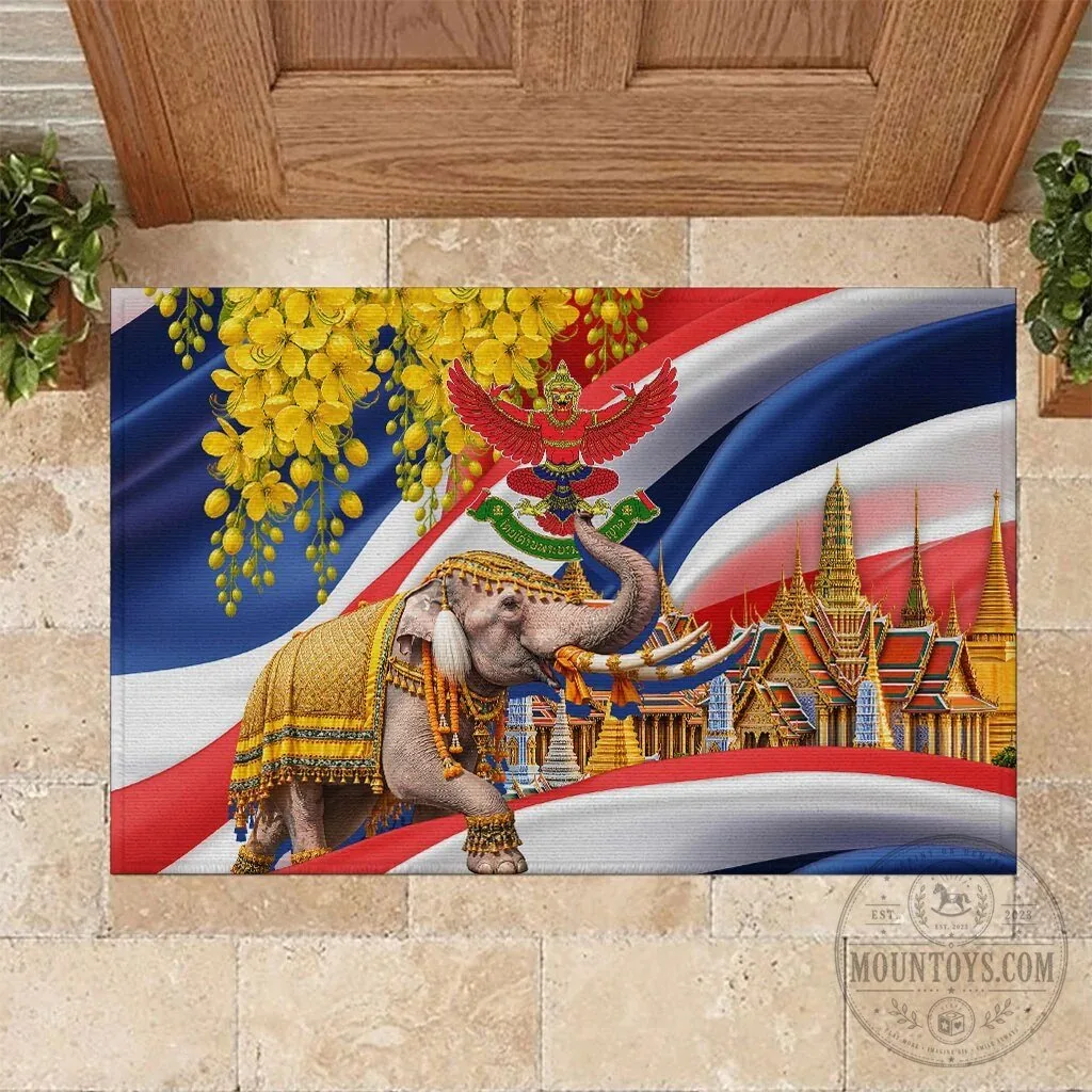 Thailand Flag Golden Elephant and Garuda Temple Art Doormat 3 Thailand Flag Golden Elephant and Garuda Temple Art Doormat