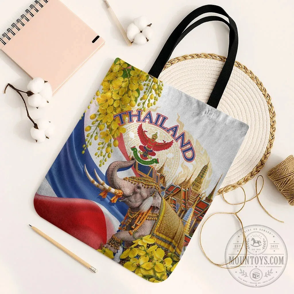 Thailand Flag Elephant Golden Temple Ratchaphruek Flower Tote Bag