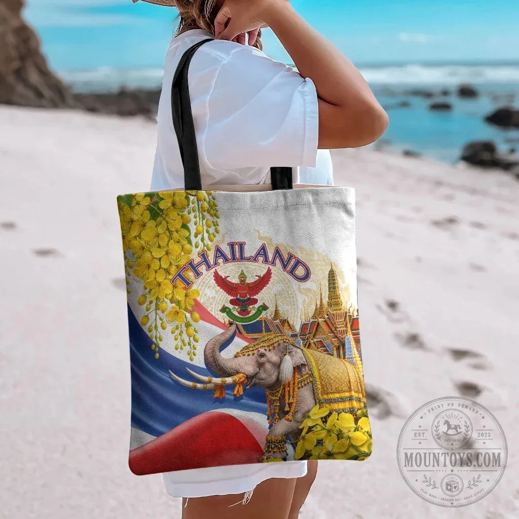 Thailand Flag Elephant Golden Temple Ratchaphruek Flower Tote Bag 12 Thailand Flag Elephant Golden Temple Ratchaphruek Flower Tote Bag