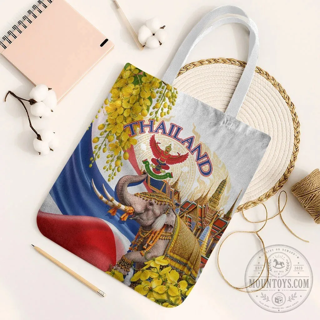 Thailand Flag Elephant Golden Temple Ratchaphruek Flower Tote Bag 13 Thailand Flag Elephant Golden Temple Ratchaphruek Flower Tote Bag