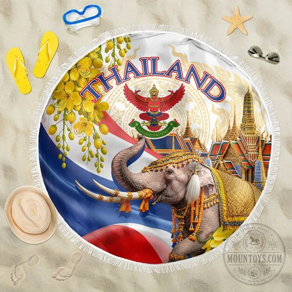 Thailand Golden Elephant Temple Beach Blanket with Ratchaphruek Flowers