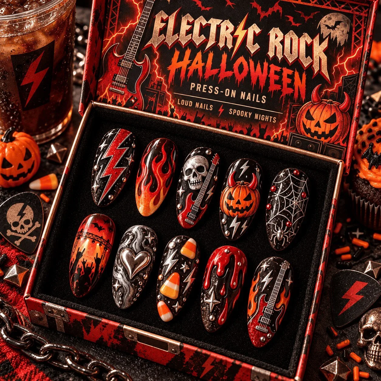 Electric Rock Halloween Themed Press-On Nails Set for Spooky Nights and Rock Fans