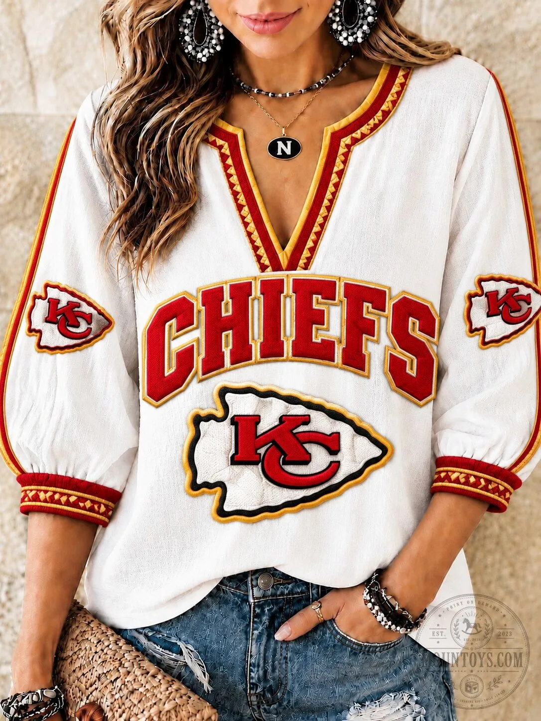 Kansas City Chiefs Women's V-Neck Embroidered Football Fan Long-Sleeve Shirt