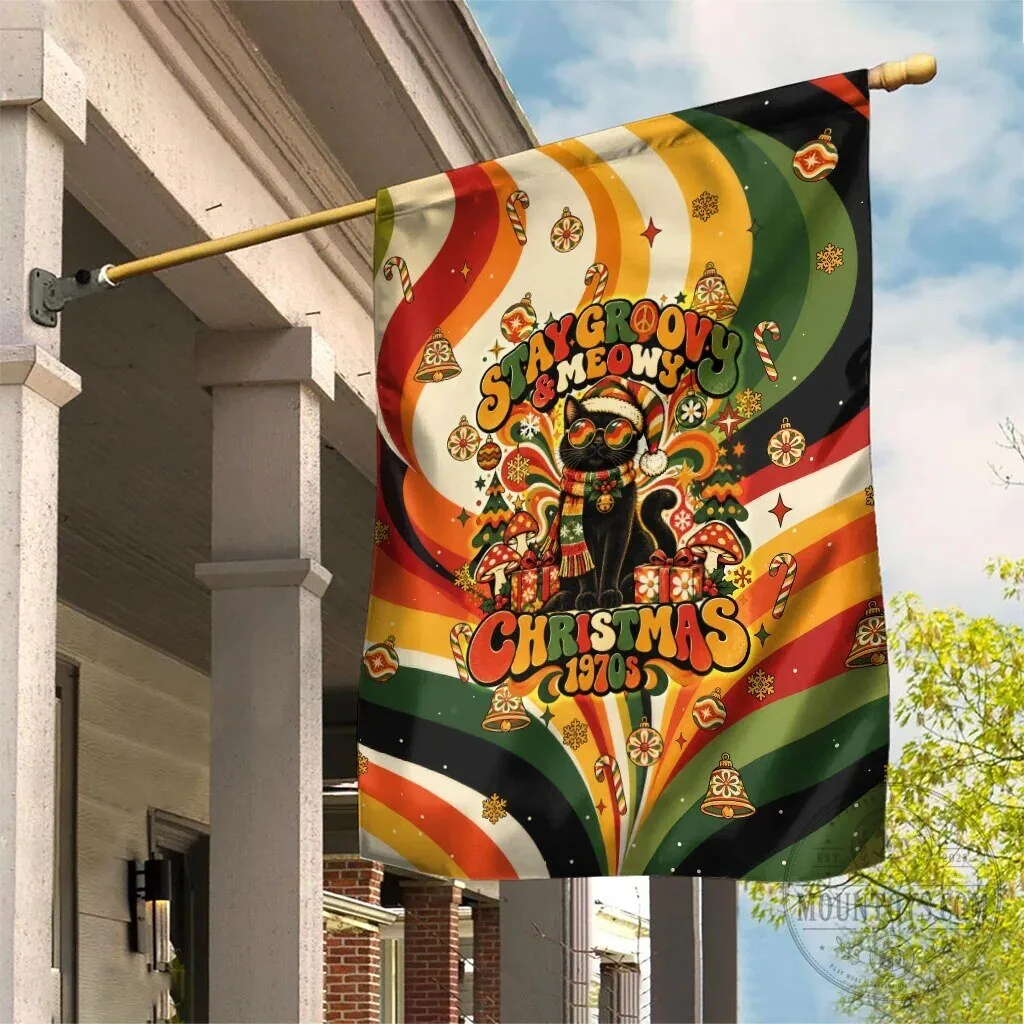 Stay Groovy Meowy Christmas Black Cat Retro 70s Holiday Garden Flag