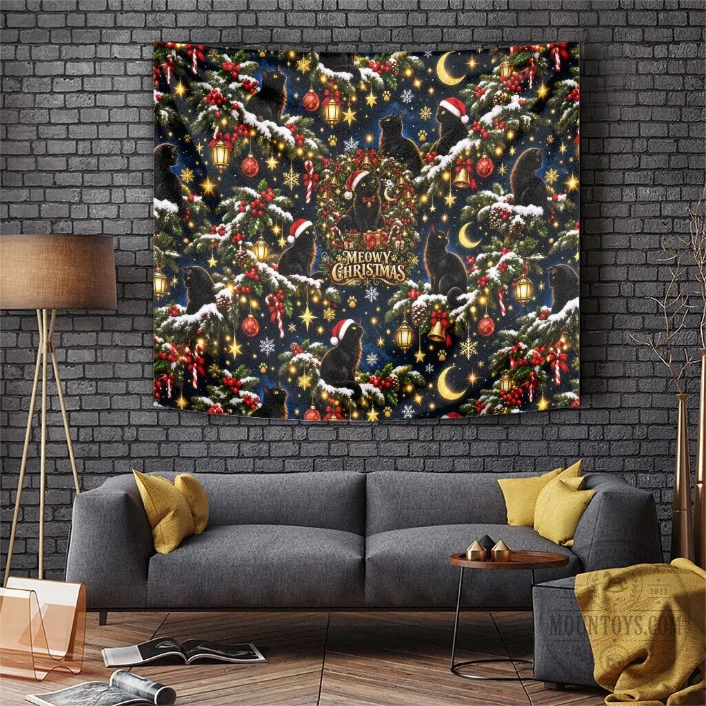 Meowy Christmas Black Cat Festive Night Tree Snow Stars Holiday Pattern Art Tapestry