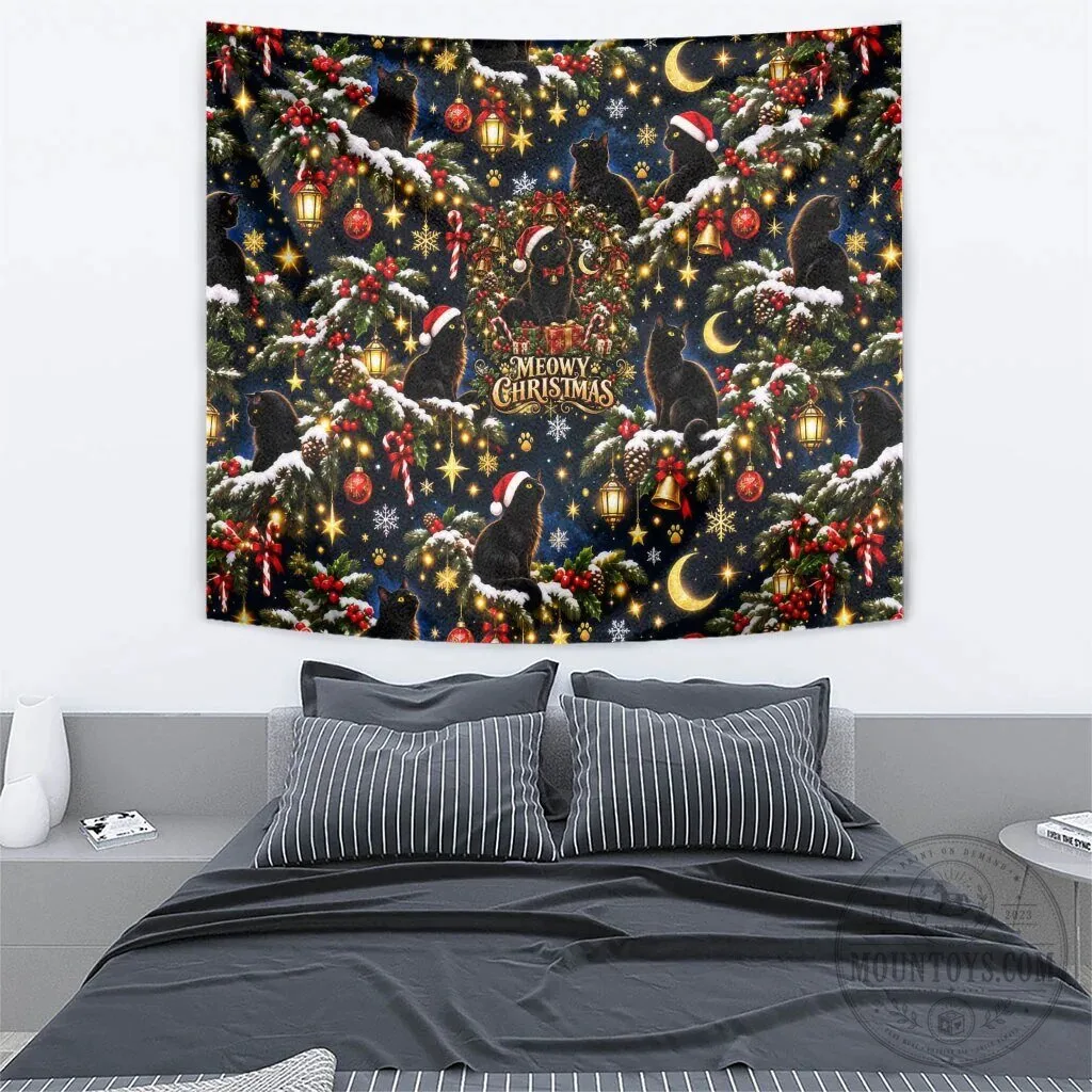 Meowy Christmas Black Cat Festive Night Tree Snow Stars Holiday Pattern Art Tapestry 11 Meowy Christmas Black Cat Festive Night Tree Snow Stars Holiday Pattern Art Tapestry