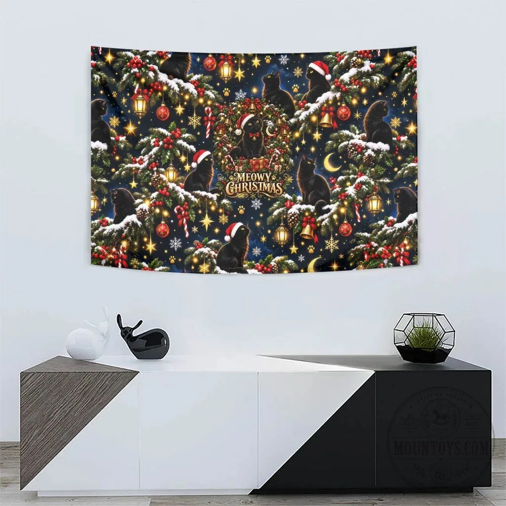 Meowy Christmas Black Cat Festive Night Tree Snow Stars Holiday Pattern Art Tapestry 12 Meowy Christmas Black Cat Festive Night Tree Snow Stars Holiday Pattern Art Tapestry