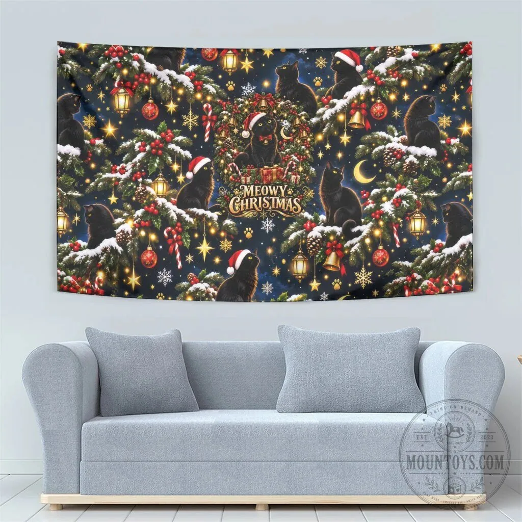 Meowy Christmas Black Cat Festive Night Tree Snow Stars Holiday Pattern Art Tapestry 13 Meowy Christmas Black Cat Festive Night Tree Snow Stars Holiday Pattern Art Tapestry