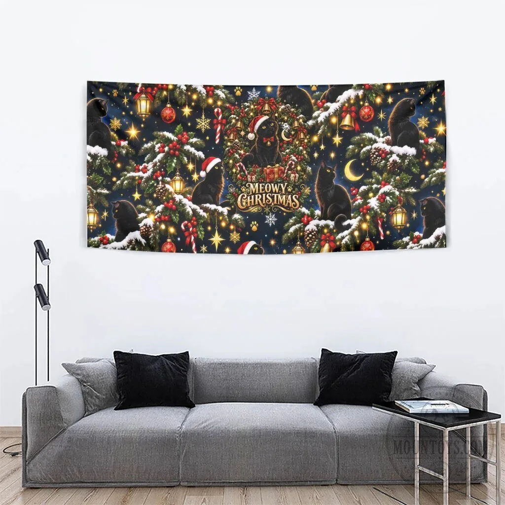Meowy Christmas Black Cat Festive Night Tree Snow Stars Holiday Pattern Art Tapestry 14 Meowy Christmas Black Cat Festive Night Tree Snow Stars Holiday Pattern Art Tapestry