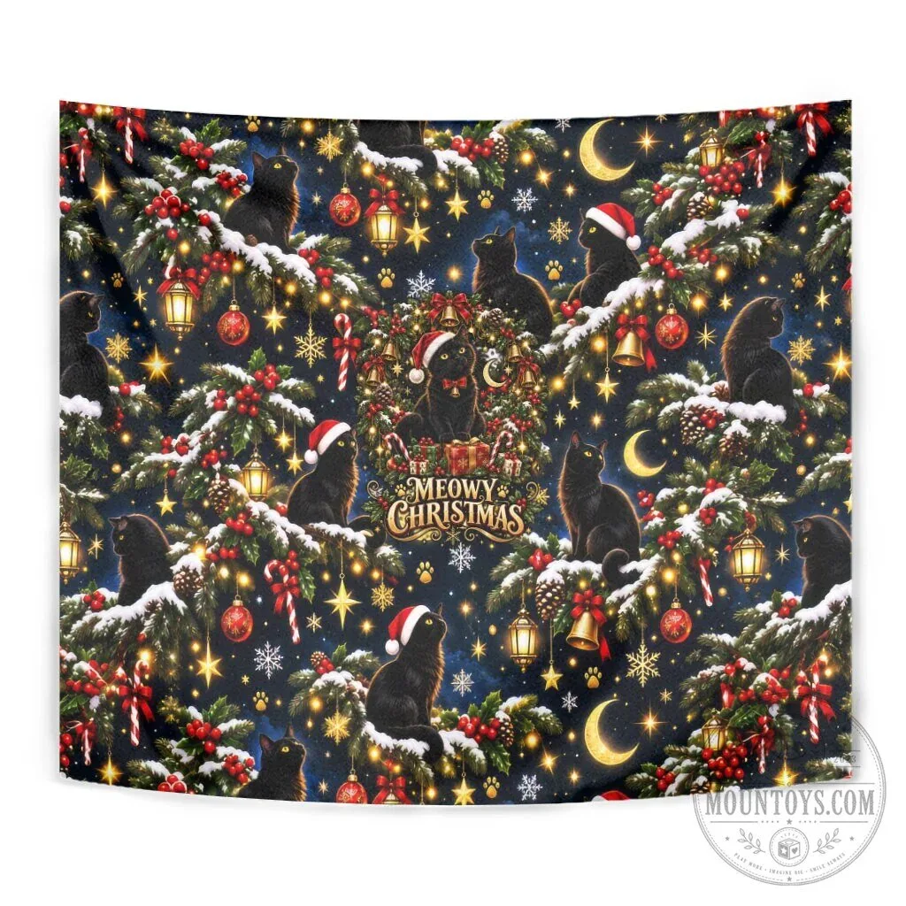 Meowy Christmas Black Cat Festive Night Tree Snow Stars Holiday Pattern Art Tapestry 15 Meowy Christmas Black Cat Festive Night Tree Snow Stars Holiday Pattern Art Tapestry