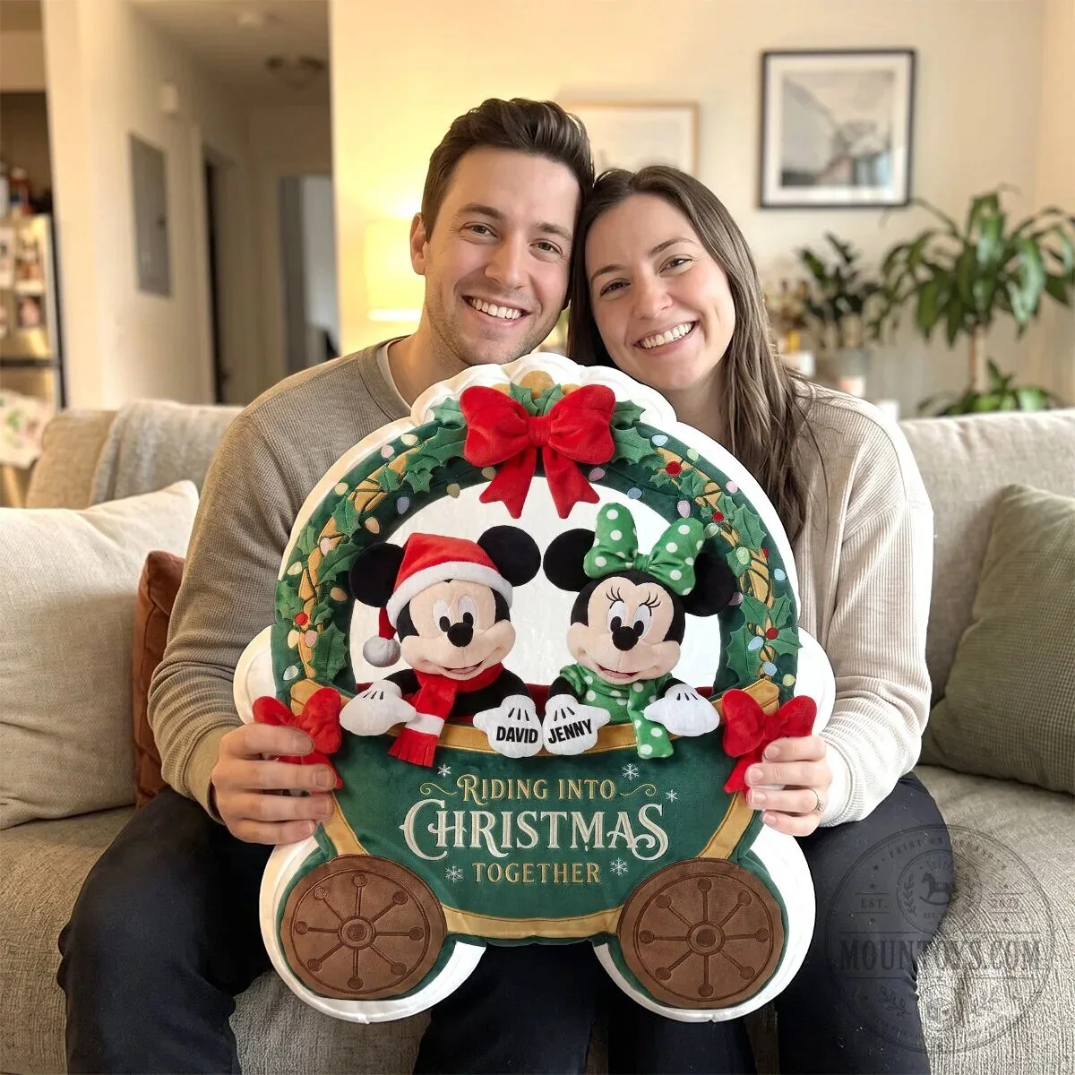Personalized Mickey and Minnie Mouse Riding Into Christmas Together Pillow