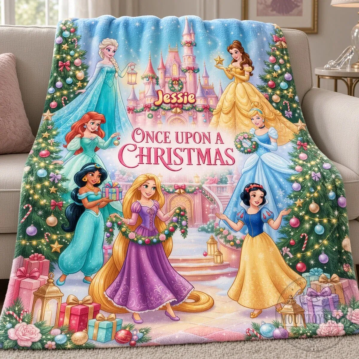 Disney Princess Once Upon A Christmas Castle Personalized Fleece Blanket