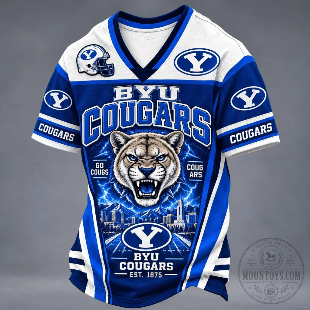 Brigham Young University Cougars Mascot Spirit V-Neck Football Jersey Brigham Young University Cougars Mascot Spirit V-Neck Football Jersey