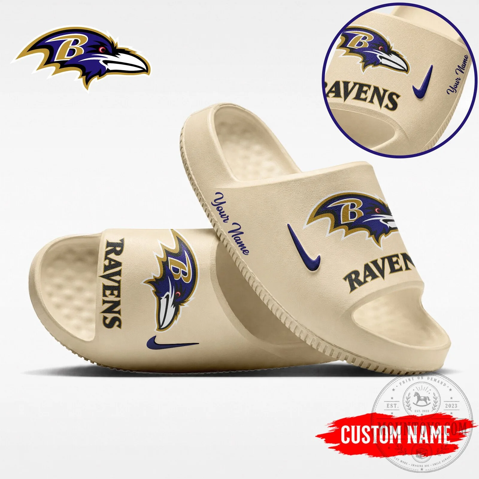 Baltimore Ravens NFL Custom Name Beige Slide Sandals