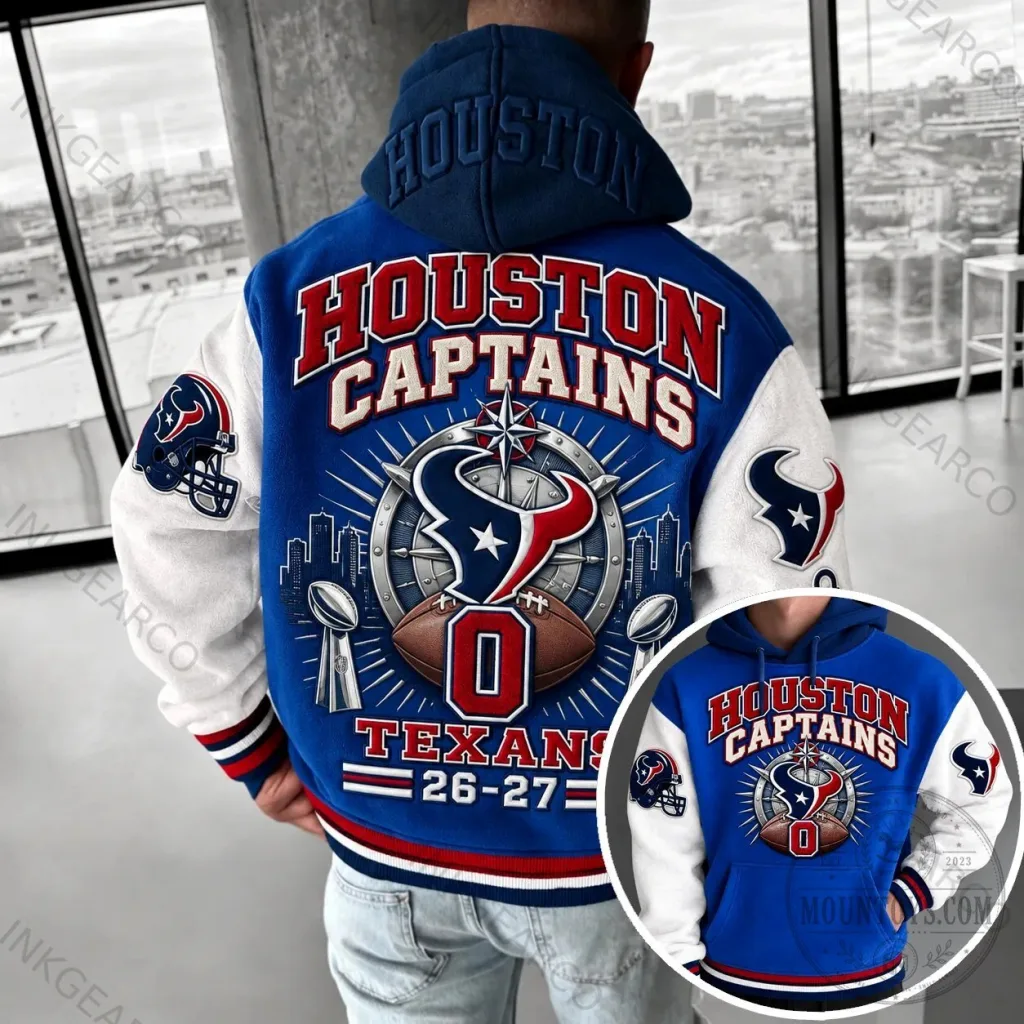 Houston Texans Captains Varsity Style Hoodie with Football Helmet Patches Houston Texans Captains Varsity Style Hoodie with Football Helmet Patches