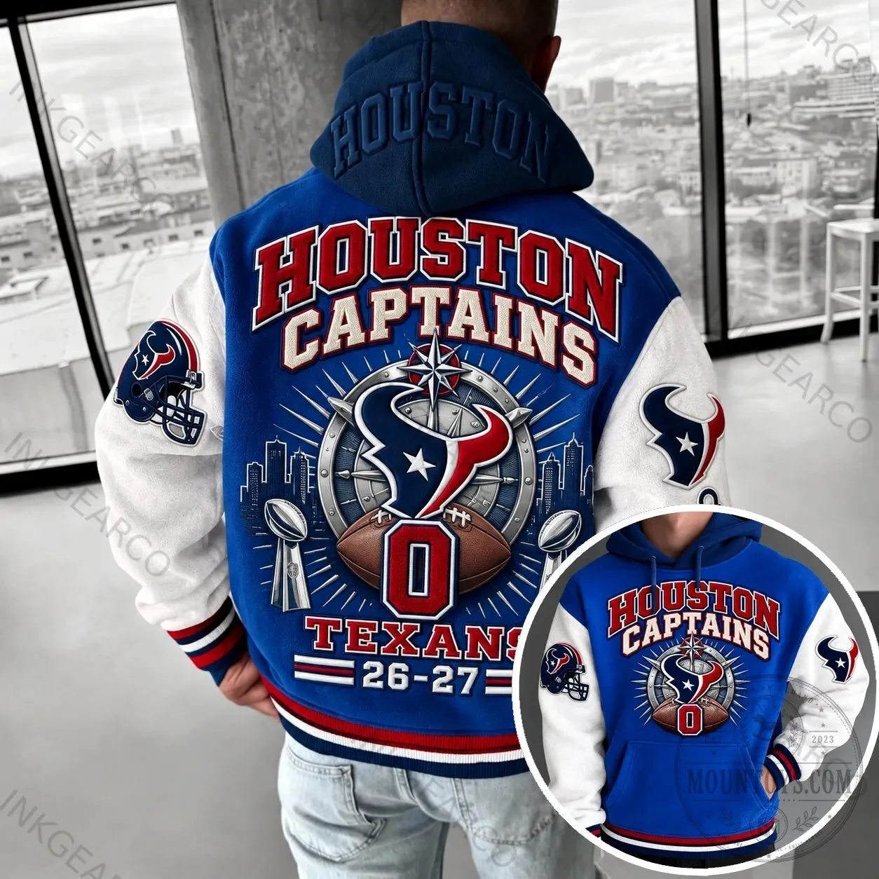 Houston Texans Captains Varsity Style Hoodie with Football Helmet Patches