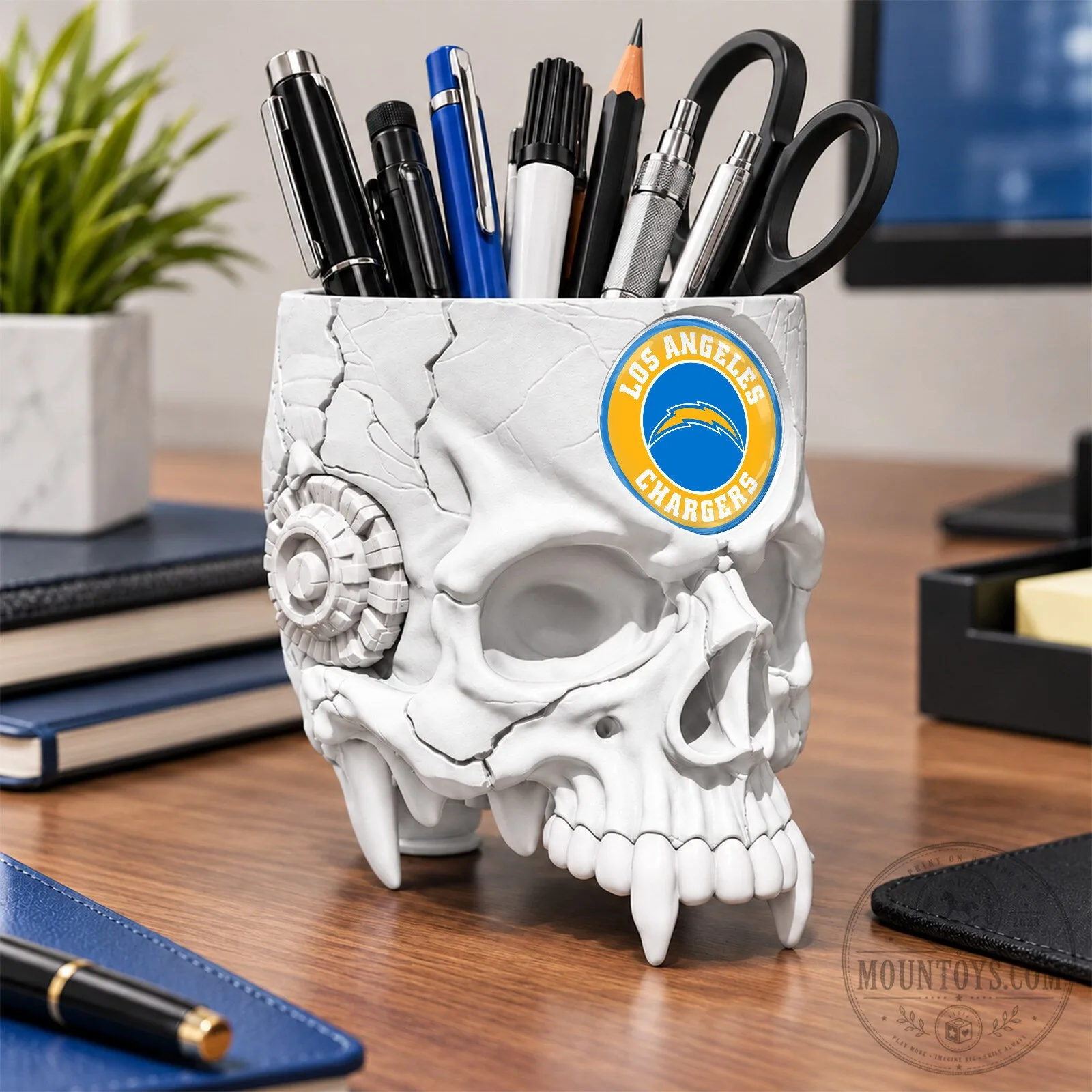 Los Angeles Chargers Football Team Skull Pen Holder Desk Organizer