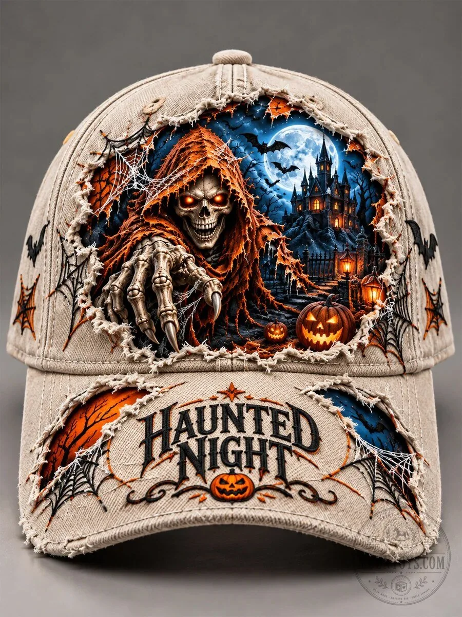 Haunted Night Grim Reaper and Castle Halloween Distressed Cap Hat