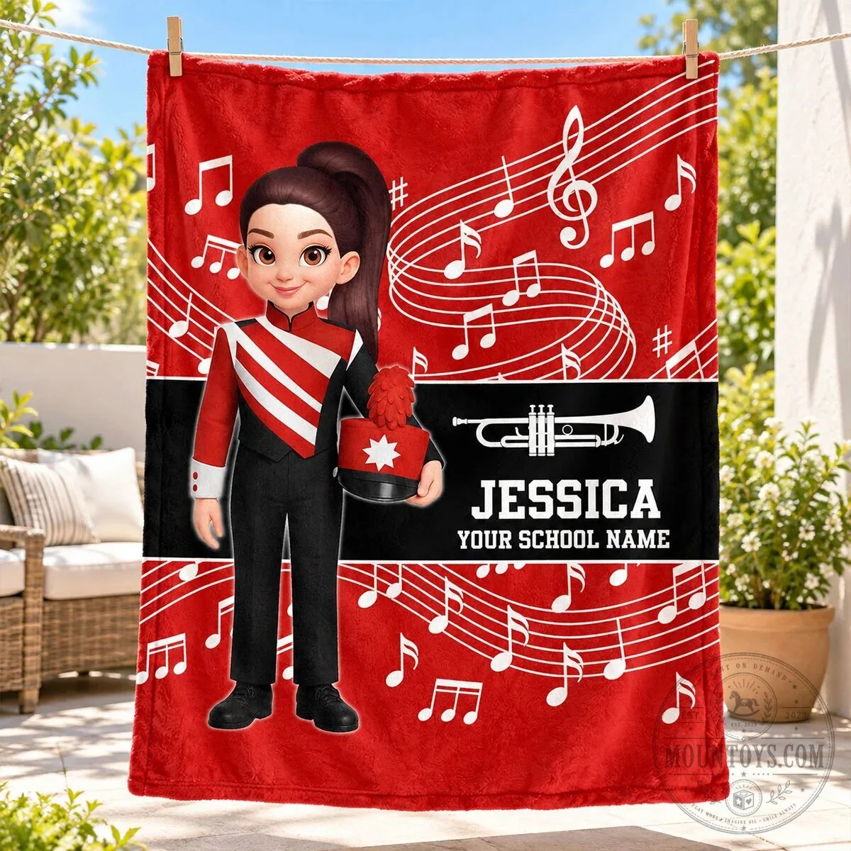 Personalized Marching Band Girl with Trumpet and Music Notes Fleece Blanket