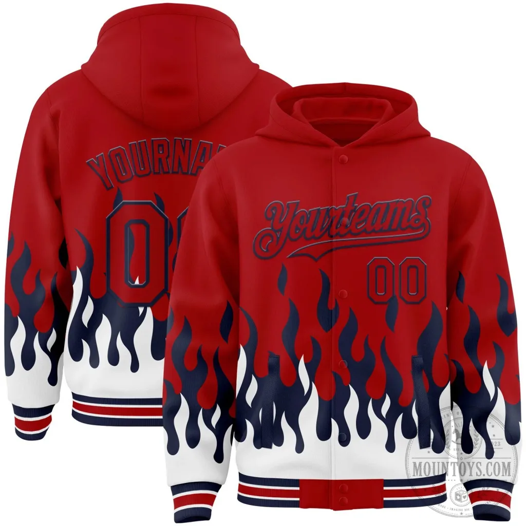 Custom Red Navy Blue White Fire Flame Full Snap Varsity Letterman Hoodie Jacket Custom Red Navy Blue White Fire Flame Full Snap Varsity Letterman Hoodie Jacket