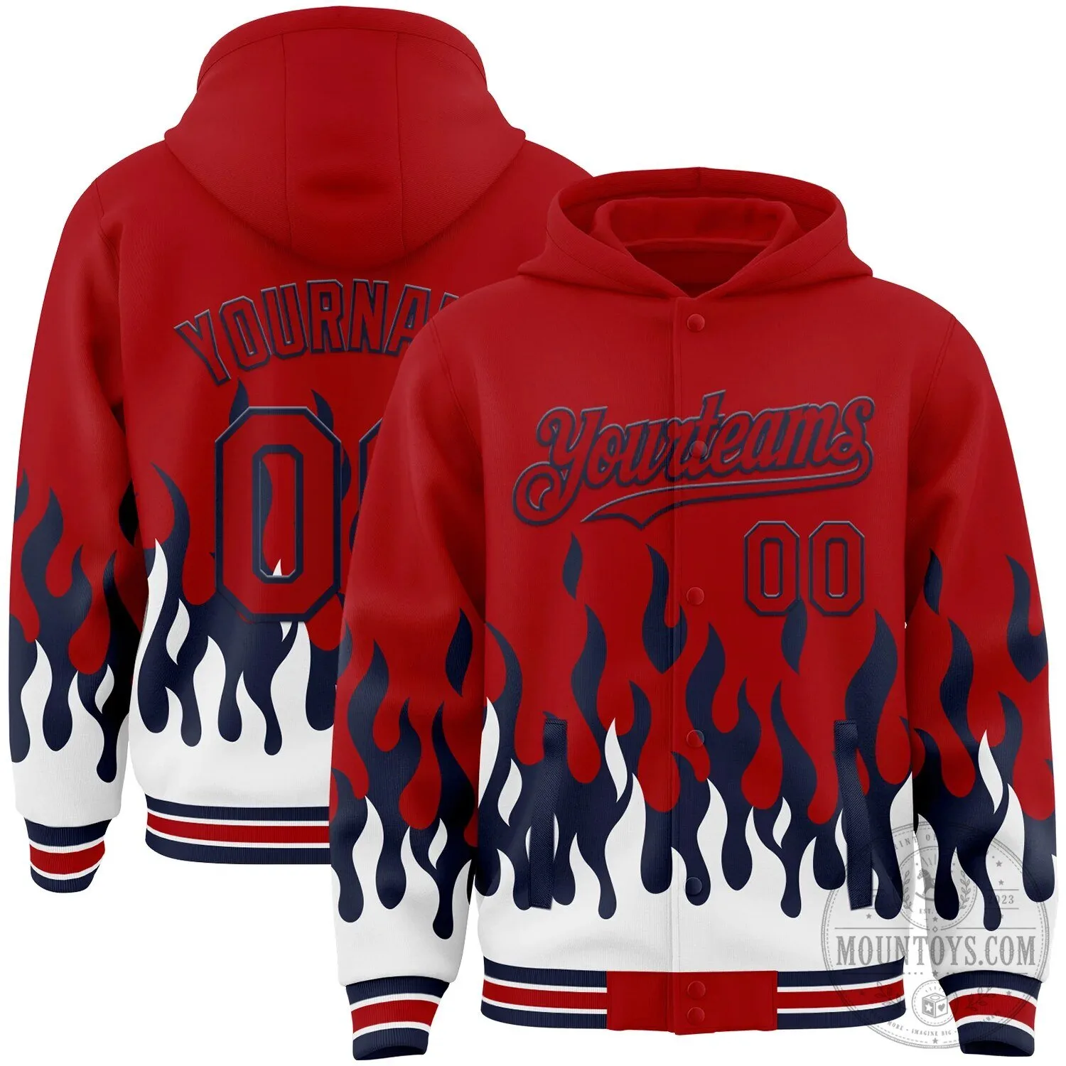 Custom Red Navy Blue White Fire Flame Full Snap Varsity Letterman Hoodie Jacket