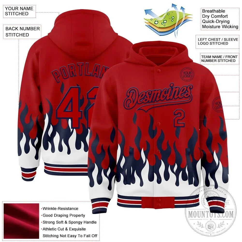 Custom Red Navy Blue White Fire Flame Full Snap Varsity Letterman Hoodie Jacket 13 Custom Red Navy Blue White Fire Flame Full Snap Varsity Letterman Hoodie Jacket