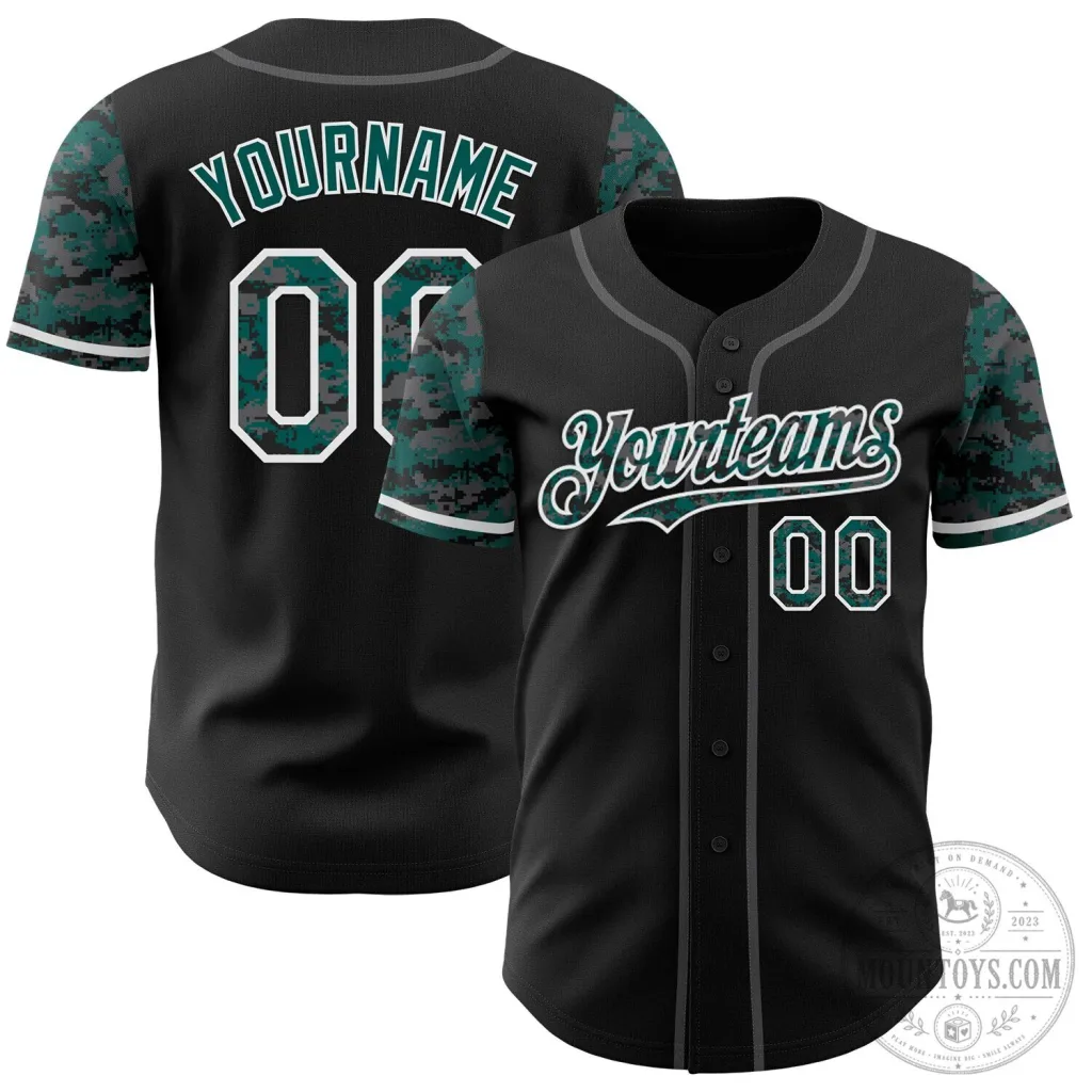 Custom Black Midnight Green Digital Camouflage Two Tone Authentic Baseball Jersey Custom Black Midnight Green Digital Camouflage Two Tone Authentic Baseball Jersey