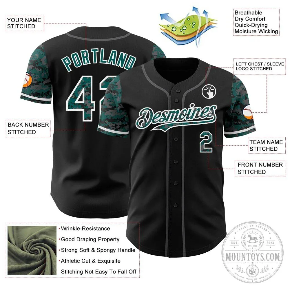 Custom Black Midnight Green Digital Camouflage Two Tone Authentic Baseball Jersey 11 Custom Black Midnight Green Digital Camouflage Two Tone Authentic Baseball Jersey